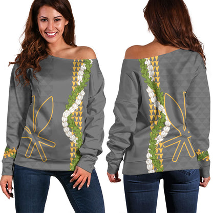 Hawaii Off Shoulder Sweatshirt Kanaka Maoli Puakenikeni Maile Flower Lei