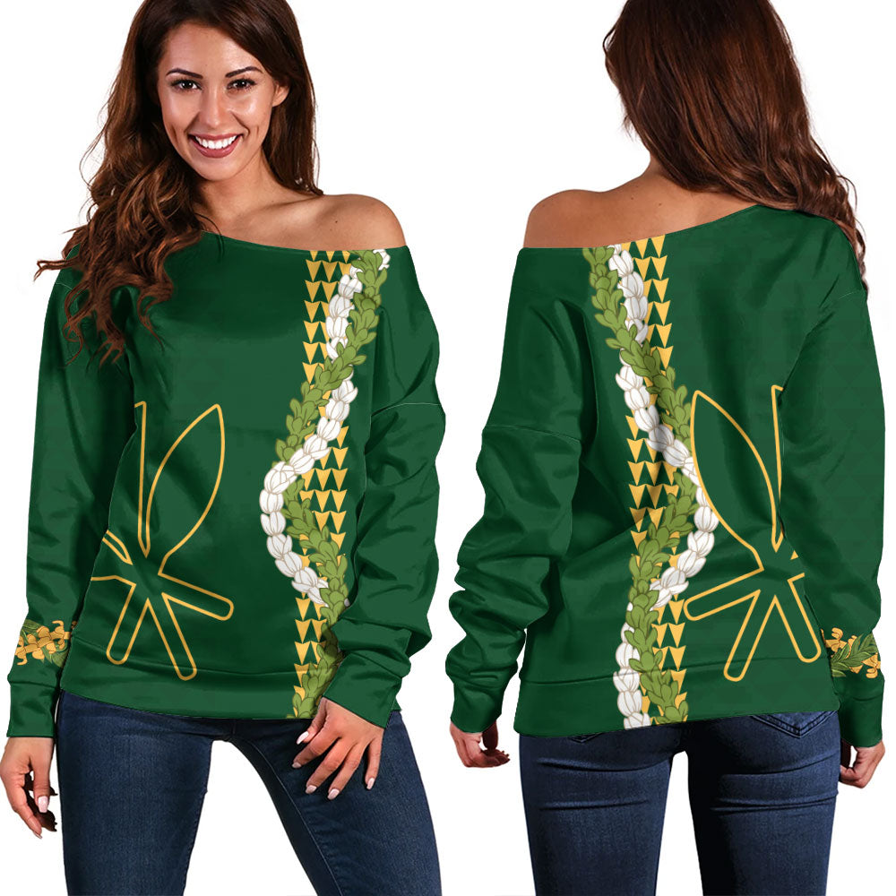 Hawaii Off Shoulder Sweatshirt Kanaka Maoli Puakenikeni Maile Flower Lei