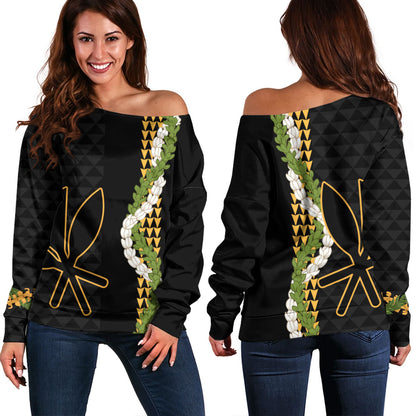 Hawaii Off Shoulder Sweatshirt Kanaka Maoli Puakenikeni Maile Flower Lei