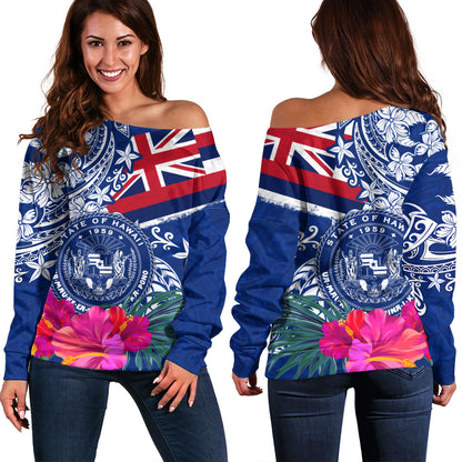 Hawaii Off Shoulder Sweatshirt Flag Tribal Tropical Style