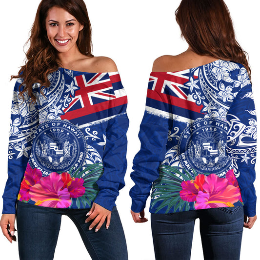 Hawaii Off Shoulder Sweatshirt Flag Tribal Tropical Style