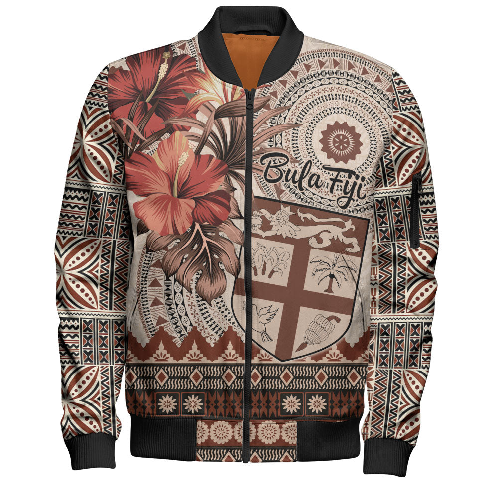 Fiji Bomber Jacket Bula Tribal Print Beige