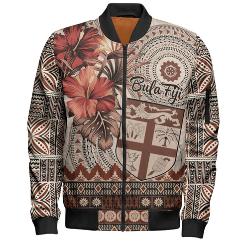 Fiji Bomber Jacket Bula Tribal Print Beige