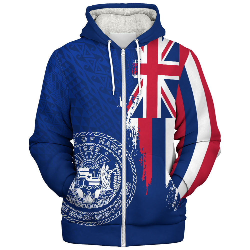 Hawaii Sherpa Hoodie Flag Polynesian Style Ocean Blue