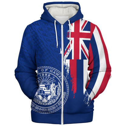 Hawaii Sherpa Hoodie Flag Polynesian Style Ocean Blue