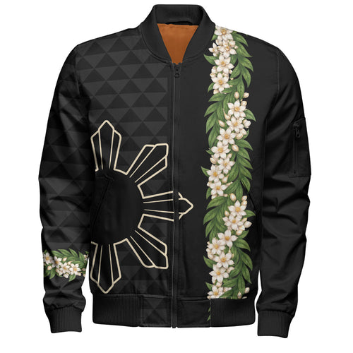 Philippines Filipinos Bomber Jacket Sampaguita Flower Sun Pattern Island Style
