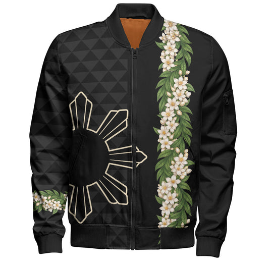 Philippines Filipinos Bomber Jacket Sampaguita Flower Sun Pattern Island Style