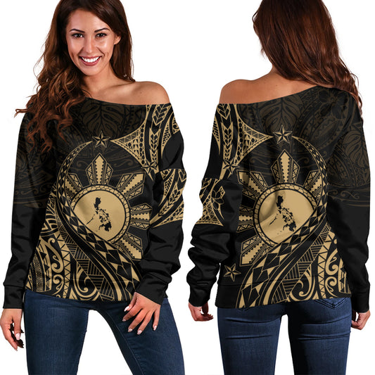 Philippines Filipinos Off Shoulder Sweatshirt Filipino Polynesia Star With Tribal Design