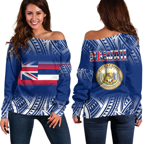 Hawaii Off Shoulder Sweatshirt Polynesian Tribal Aloha Hawaii Flag