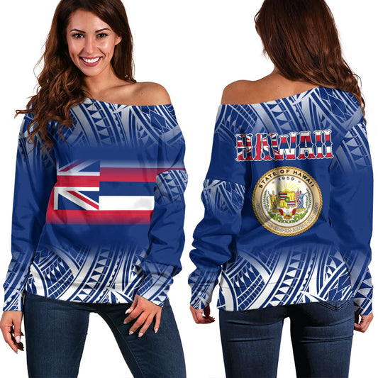 Hawaii Off Shoulder Sweatshirt Polynesian Tribal Aloha Hawaii Flag