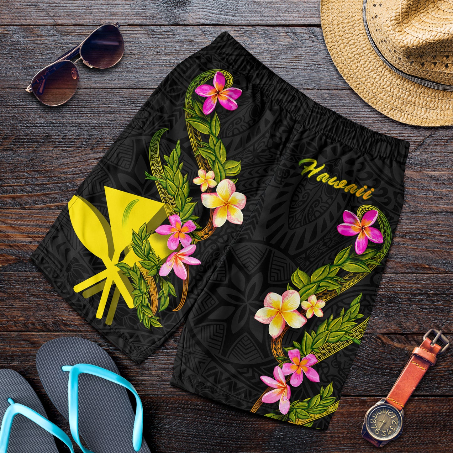 Hawaii Men Shorts Plumeria Tribal