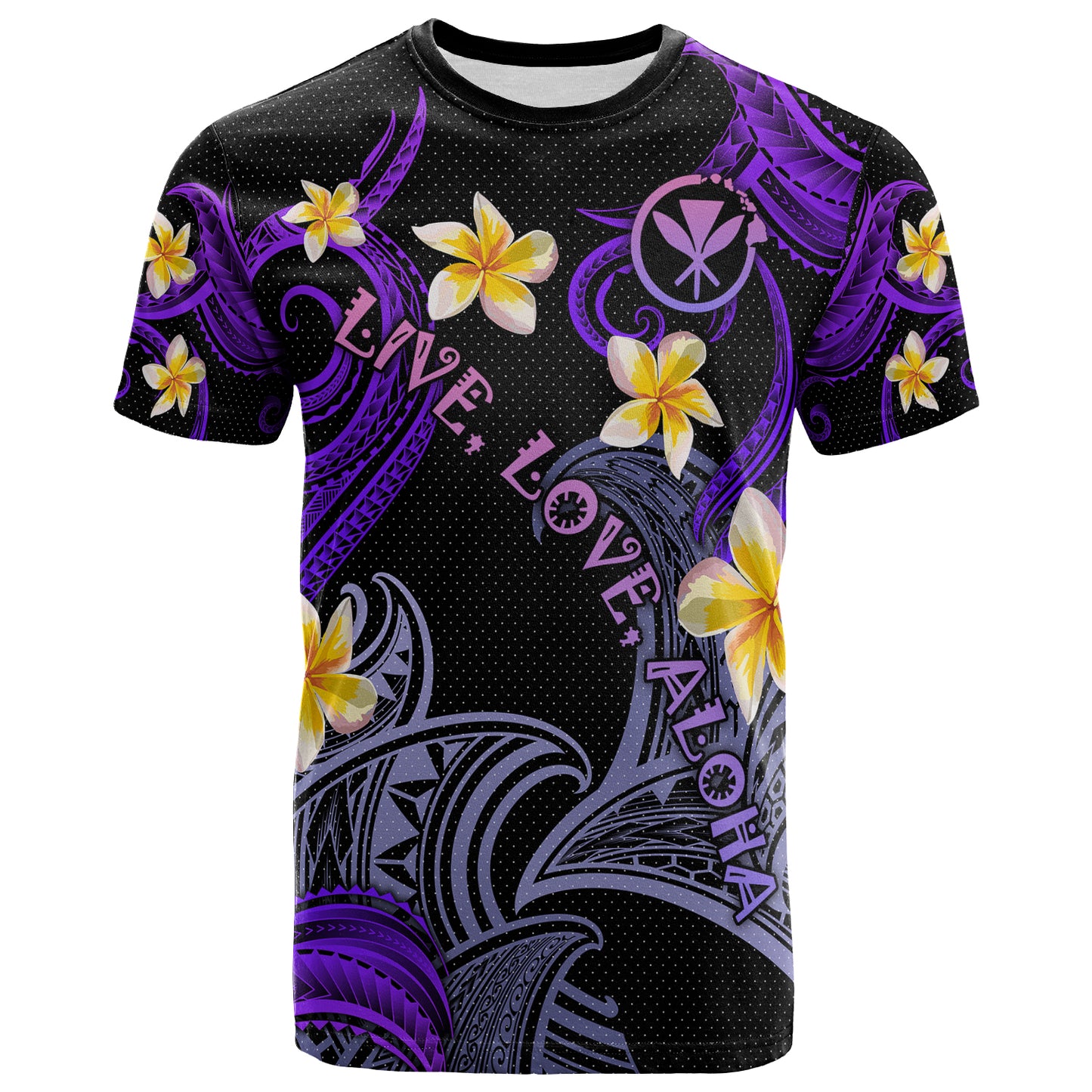 Personalized Kanaka Maoli T-shirt - Hawaii Polynesian Waves with Plumeria Flowers (Purple)