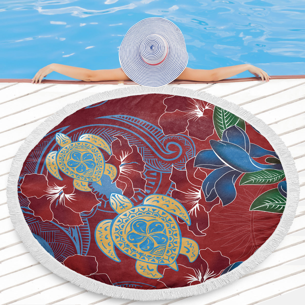 Hawaii Beach Blanket Polynesian Cultures Turtle Couple Tropical Flowers Red Color