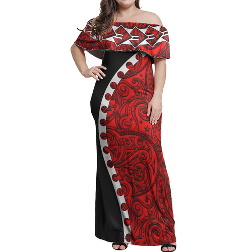 Polynesian Woman Off Shoulder Long Dress - Polynesian Design Pattern 01