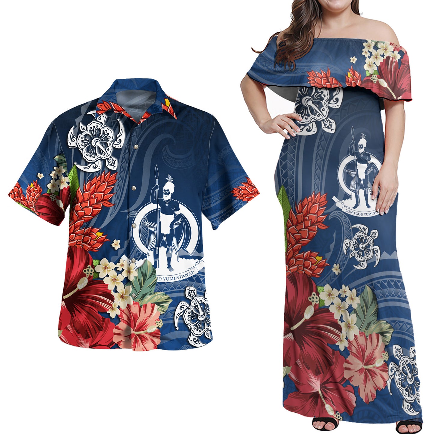 Vanuatu Combo Off Shoulder Long Dress And Shirt  Flower And Turtle