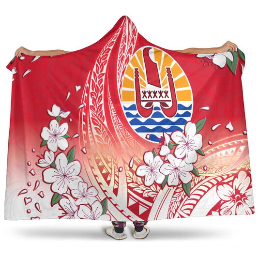Tahiti Hooded Blanket Polynesian Pattern Style White Flowers