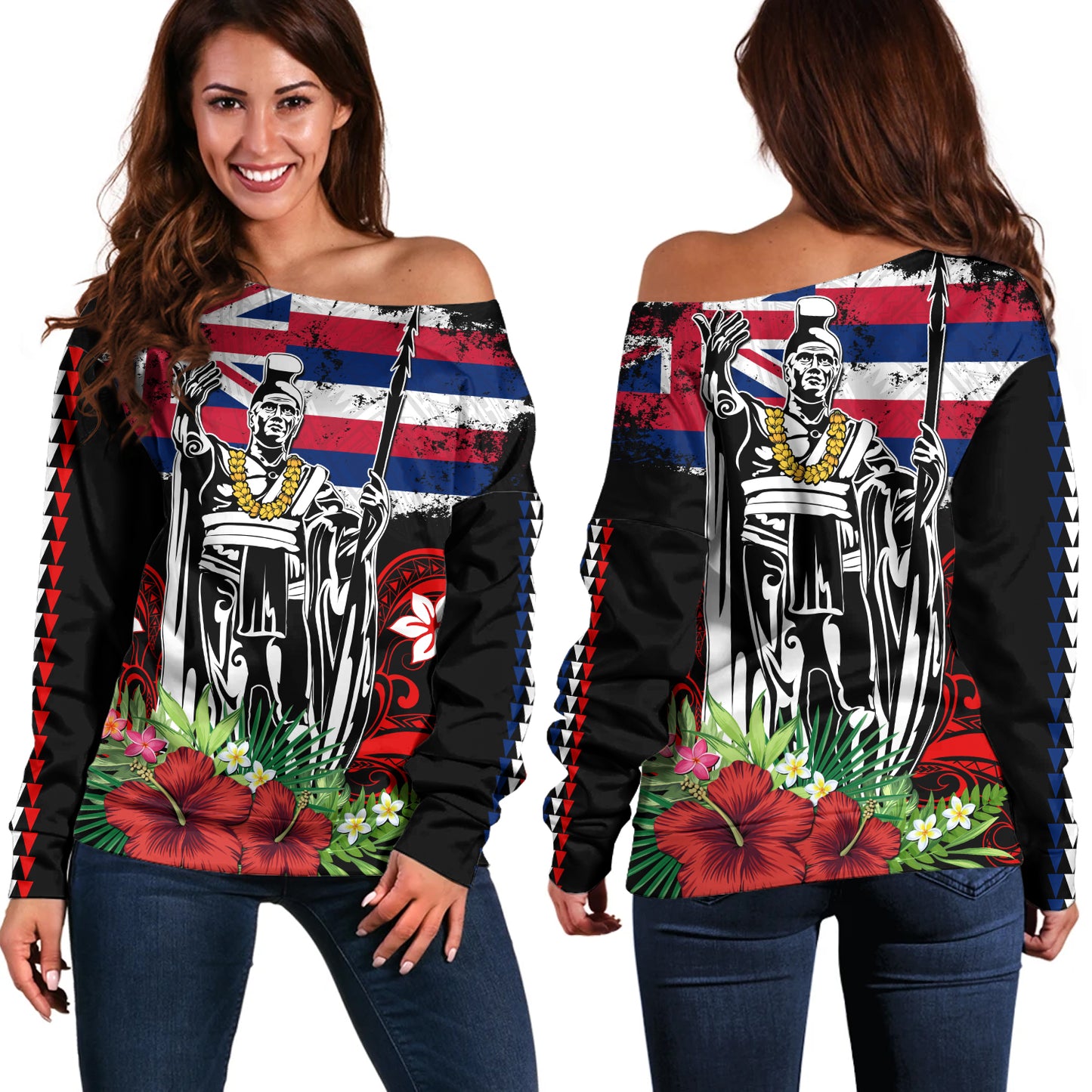 Hawaii Off Shoulder Sweatshirt King Kamehameha I Tribal Flag Tropical Style