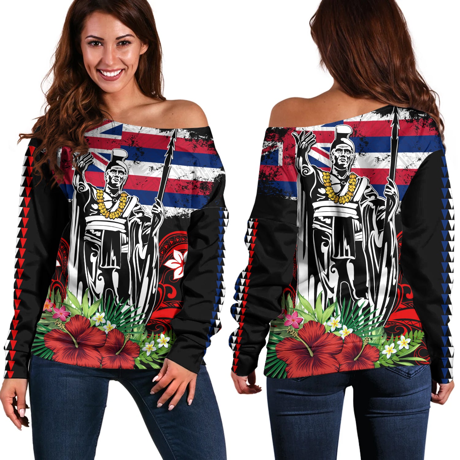 Hawaii Off Shoulder Sweatshirt King Kamehameha I Tribal Flag Tropical Style