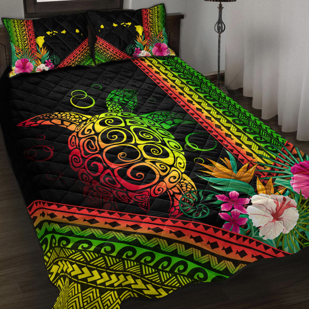 Hawaii Quilt Bed Set Turtle Polynesian Pattern Reggae Color