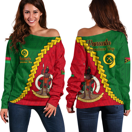 Vanuatu Off Shoulder Sweatshirt Tribal Coat Of Arms With Flag Independence Day