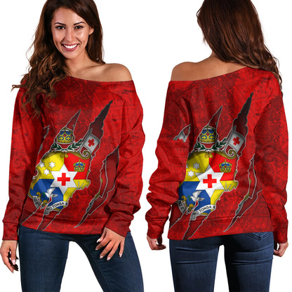 Tonga Off Shoulder Sweatshirt Coat Of Amrs Scratches Cracks Style
