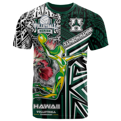 Hawaii Custom T-Shirt - Hawaii Rainbow Wahine Volleyball With Beautiful Hibiscus Polynesian Style T-shirt