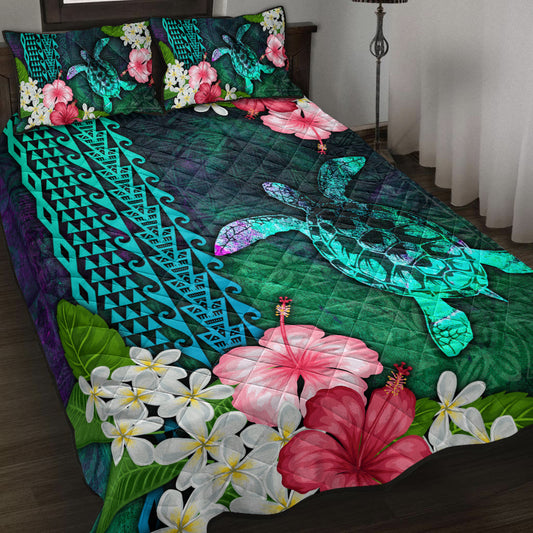 Hawaii Quilt Bed Set Sea Turtle Abstract Background With Tropical Flowers Hibiscus And Plumeria