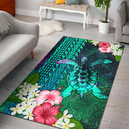 Hawaii Area Rug Sea Turtle Abstract Background With Tropical Flowers Hibiscus And Plumeria