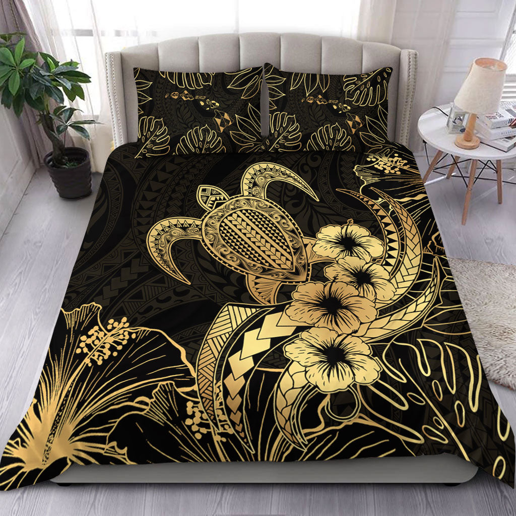 Hawaii Bedding Set Tribal Polynesia Floral Gold Art