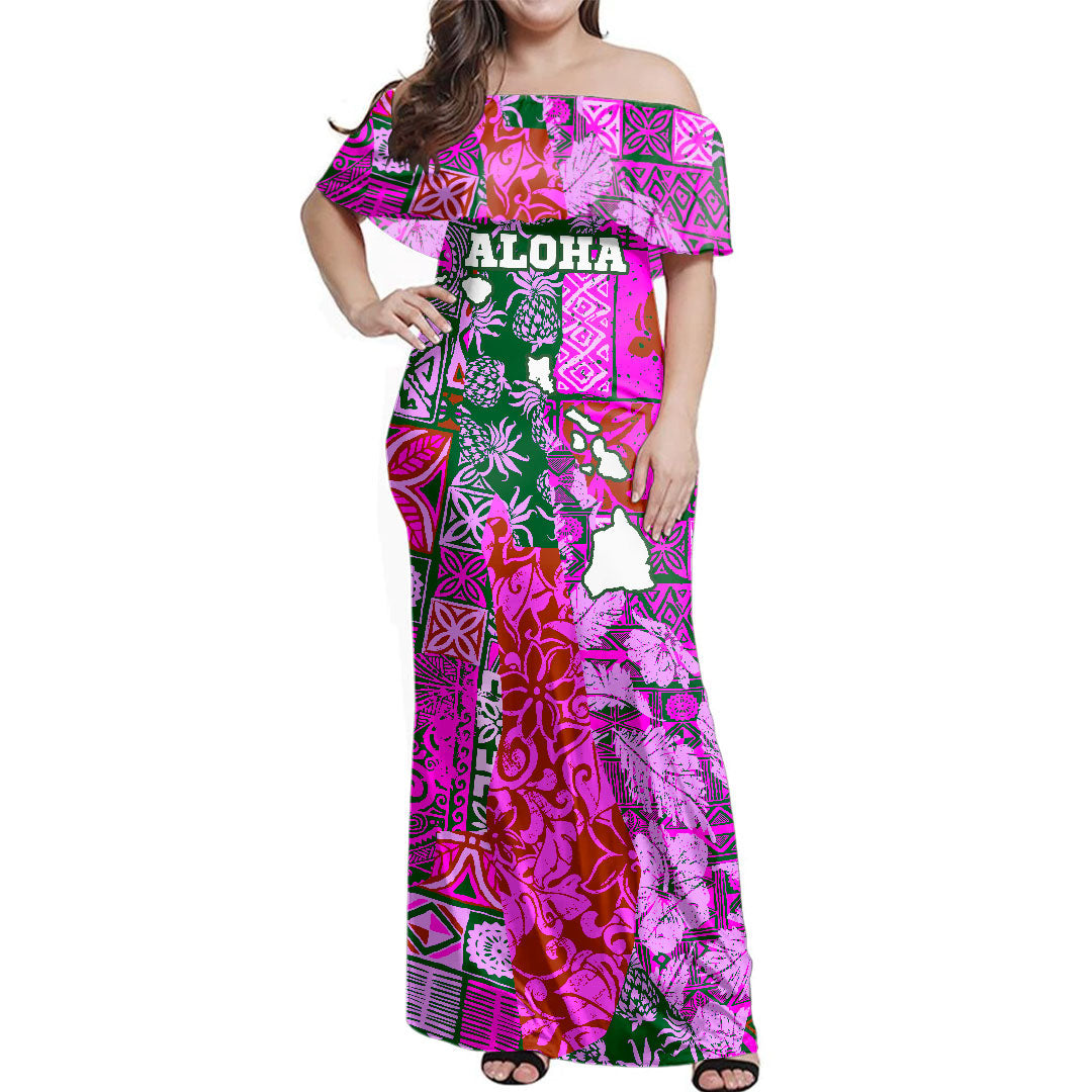 Hawaii Off Shoulder Long Dress Hawaiian style tapa fabric patchwork abstract vintage with Hawaii map