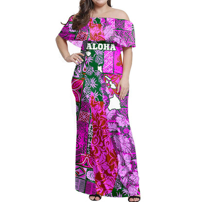 Hawaii Off Shoulder Long Dress Hawaiian style tapa fabric patchwork abstract vintage with Hawaii map
