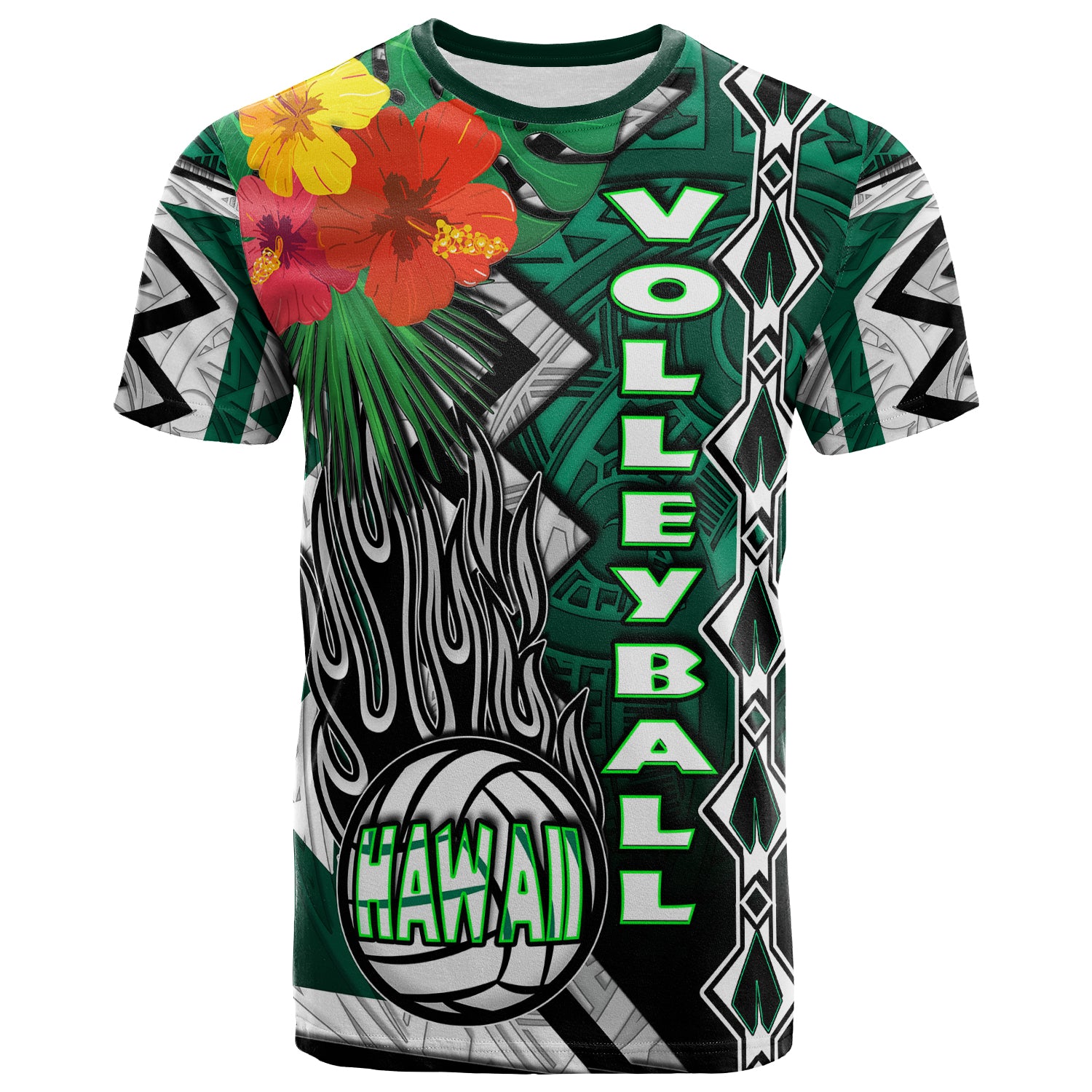 Hawaii Volleyball T-shirt - Custom Hawaii Volleyball Hibicus With Polynesian Patterns Custom Name And Number T-shirt