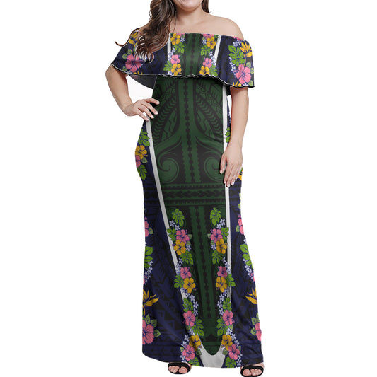Polynesian Woman Off Shoulder Long Dress - Polynesian Design Pattern 11