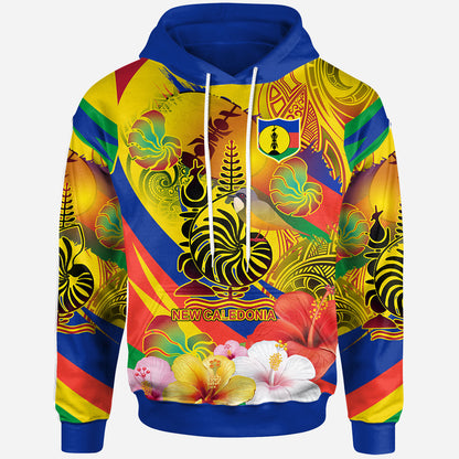 New Caledonia Hoodie - Custom Emblem of New Caledonia with Rufous whistler And Hibiscus Polynesian Hoodie