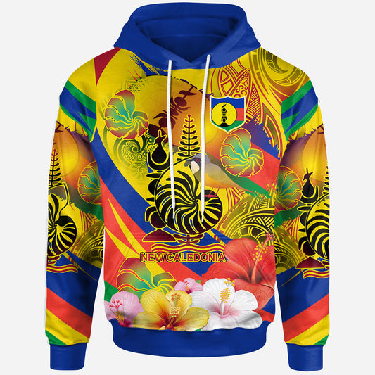New Caledonia Hoodie - Custom Emblem of New Caledonia with Rufous whistler And Hibiscus Polynesian Hoodie