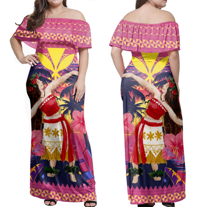 Hawaii Off Shoulder Long Dress Aloha Hula Girl Dancing In Tropical Palm Trees At Sunset Kakau Style