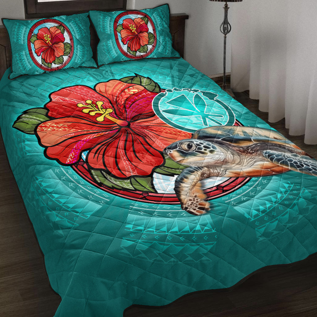 Hawaii Quilt Bed Set Hawaiian Map Turtle Hibiscus Flowers Polynesian Patterns Style