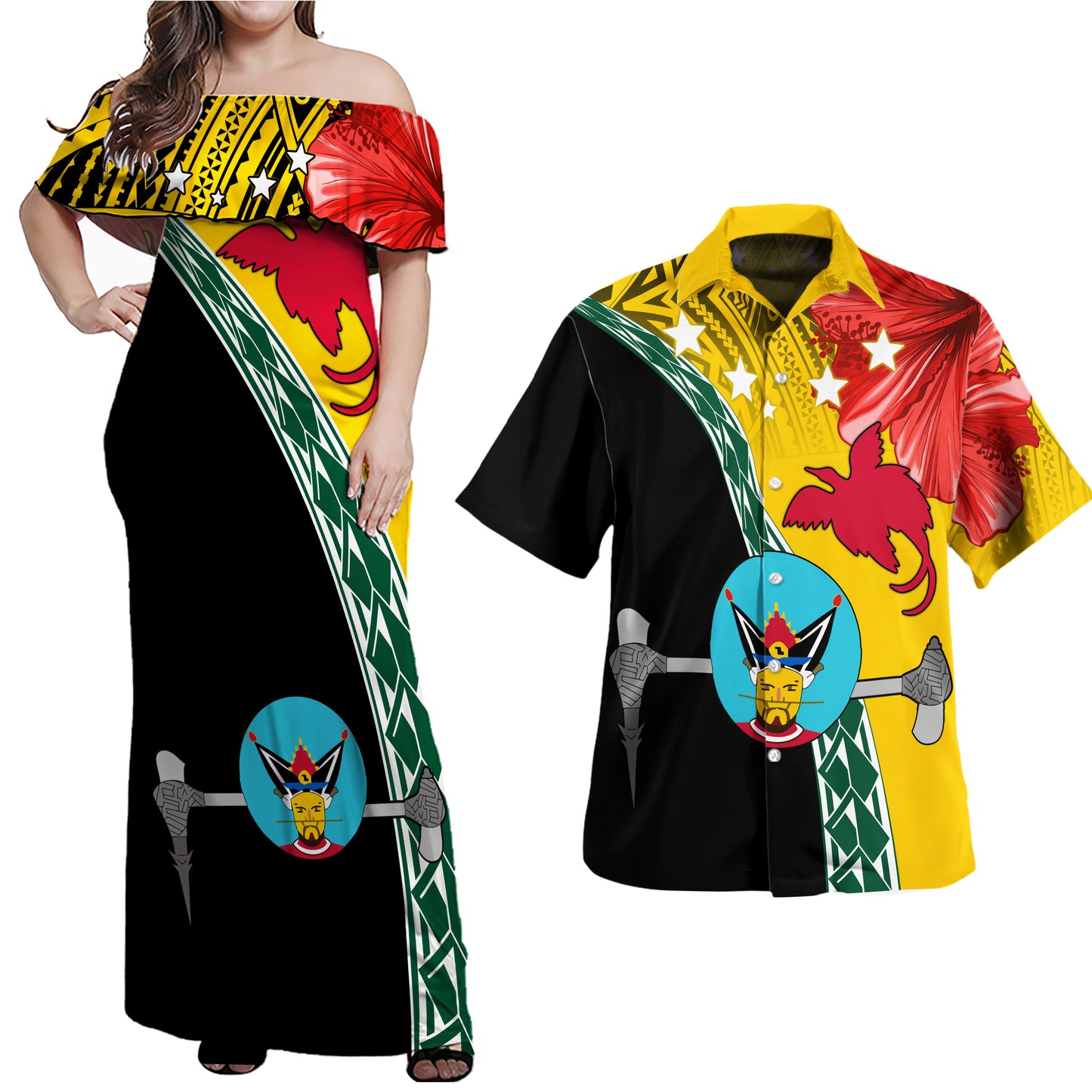 PNG Hibiscus Tribal Pattern Combo Dress And Shirt Hela Province