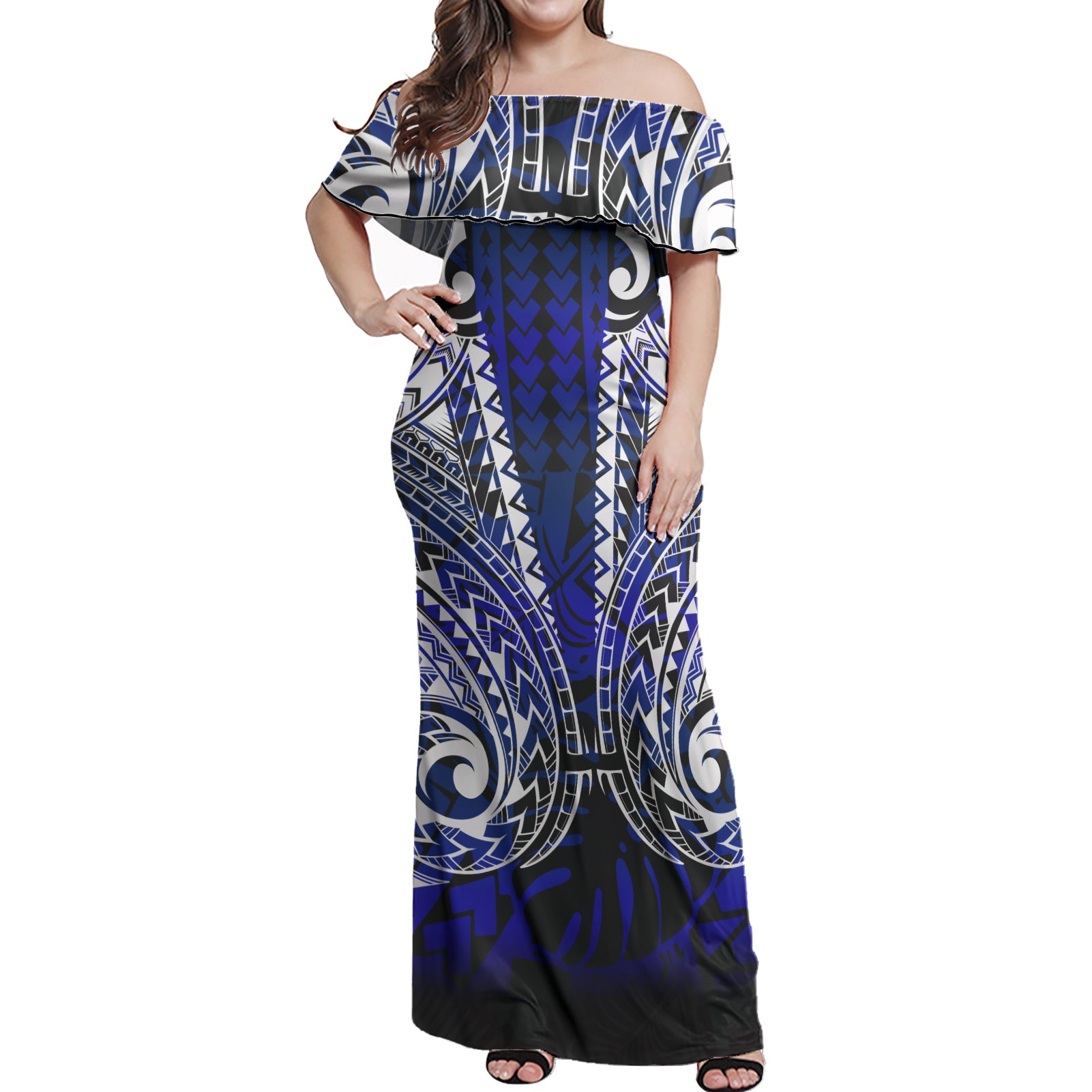 Polynesian Woman Off Shoulder Long Dress - Polynesian Design Pattern 07