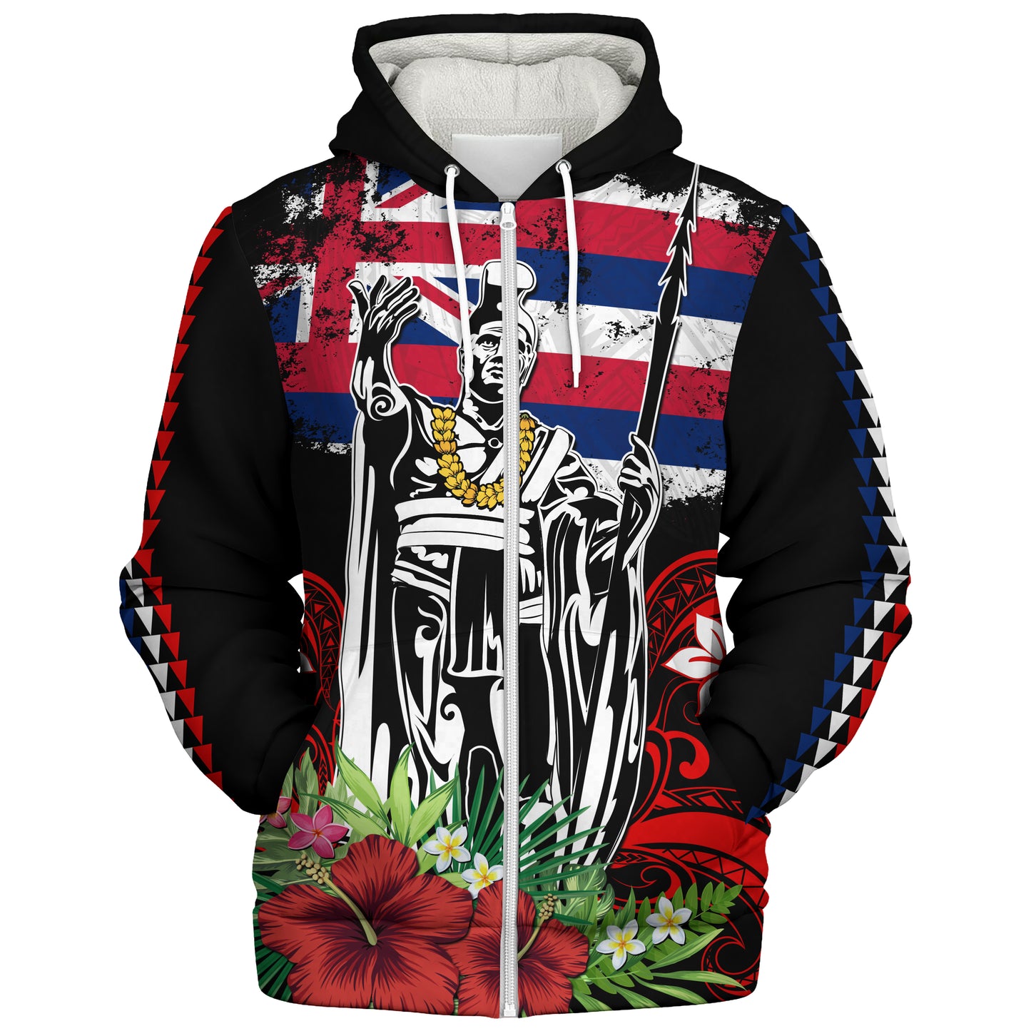 Hawaii Sherpa Hoodie King Kamehameha I Tribal Flag Tropical Style