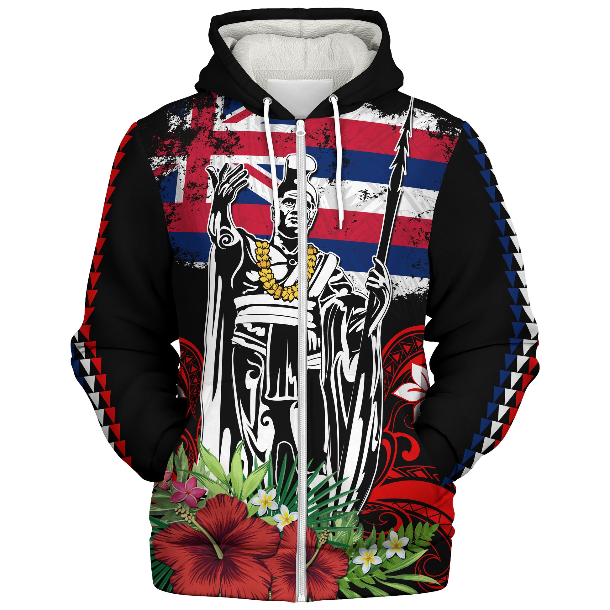 Hawaii Sherpa Hoodie King Kamehameha I Tribal Flag Tropical Style