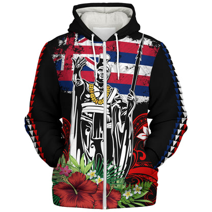 Hawaii Sherpa Hoodie King Kamehameha I Tribal Flag Tropical Style