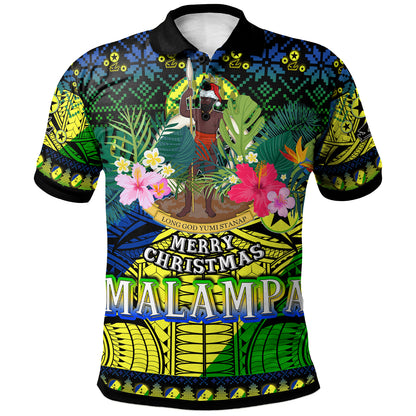 Malampa Polynesian Christmas Polo Shirt - Custom Malampa Vanuatu Coat of Arms Christmas Hat Polynesian Patterns Polo Shirt