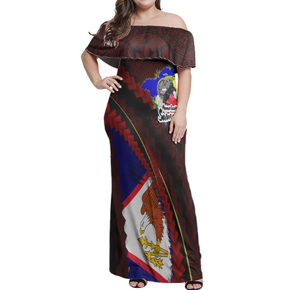 American Samoa Woman Off Shoulder Long Dress - American Samoa State Flag And Marijuana Leaf Polynesian Style