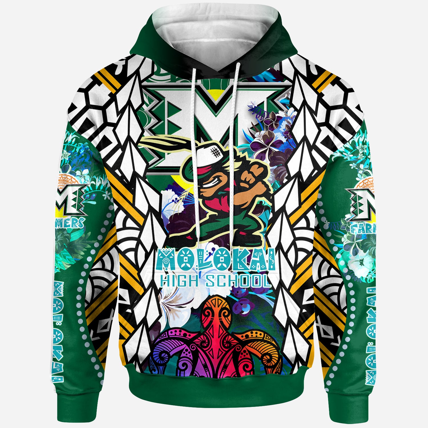 Hawaii Custom Personalised Hoodie - Moloka'i High School SuPER Farmer With Polynesian Sea Turtle And Hibiscus Tribal Patterns
