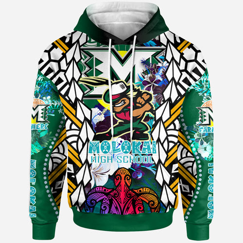 Hawaii Custom Personalised Hoodie - Moloka'i High School SuPER Farmer With Polynesian Sea Turtle And Hibiscus Tribal Patterns