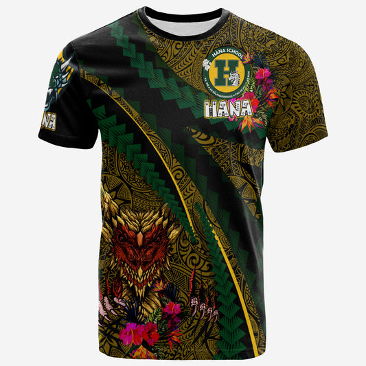Hawaii Hana High School Custom T-shirt - Hana Dragons With Tropical Tribal Pattern Scratch Style