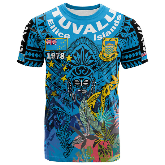 Tuvalu Ellice Islands Polynesian T-shirt - Custom Tuvalu Coat Of Arms With Tropical Flowers And Hei Matau 1978 T-shirt