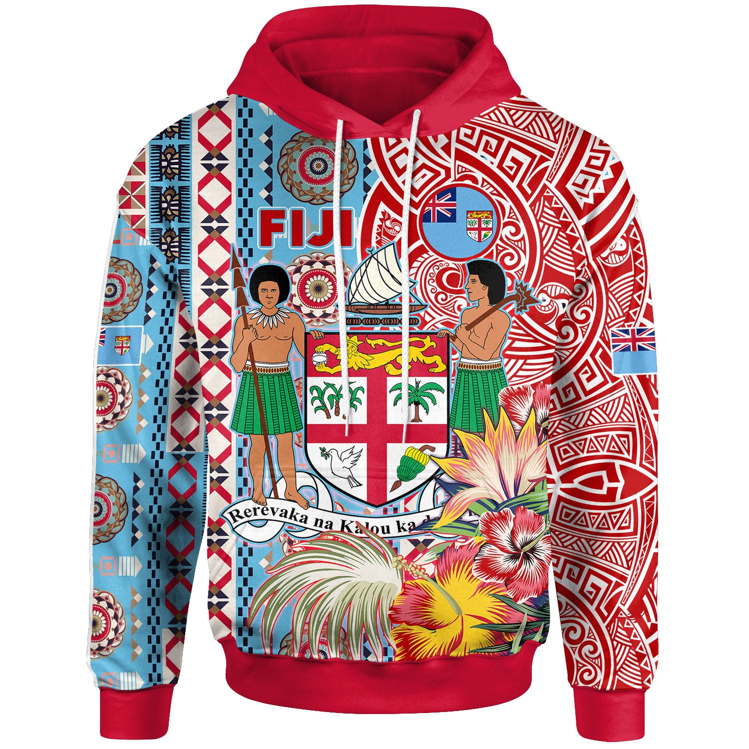 Fiji Polynesian Hoodie - Custom Fiji Coat of Arms With Tapa Patterns And Tribal Hibiscus Hoodie