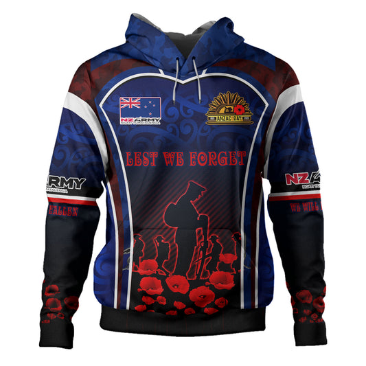 New Zealand Hoodie Custom New Zealand Army Keeping Anzac Spirit Lives Poppies Flower Maori Style